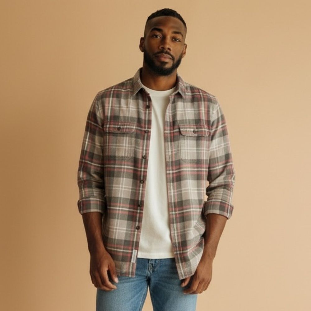 J.Crew Plaid Flannel‎ Shirt Gray Tan Red M
